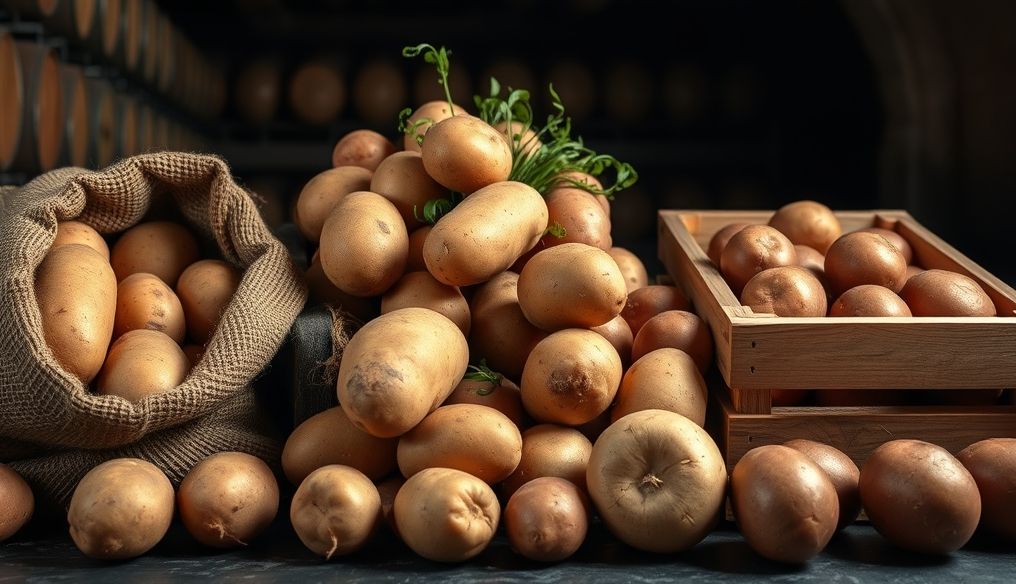 What is the best way to store potatoes and prevent them from sprouting?